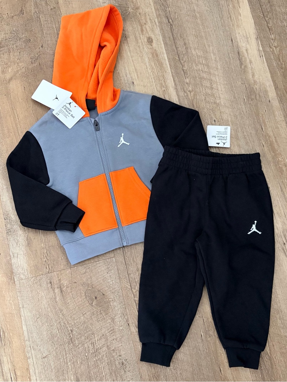 NWT Jordan Kids Orange, Gray & Black Hoodie Zip Jogger Set